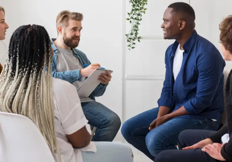 Adults sitting in a circle during a group counseling session